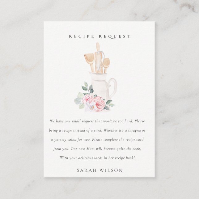 Blush Utensils Floral Recipe Request Baby Shower Enclosure Card (Front)