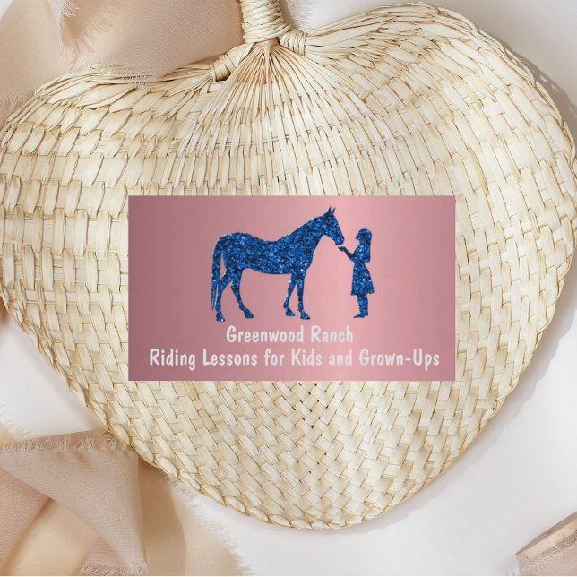 Blush Velvet Metallic Girl with Horse Blue Glitter Business Card (Creator Uploaded)