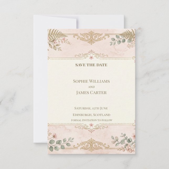 Blush Vintage Botanical Save The Date Card (Front)