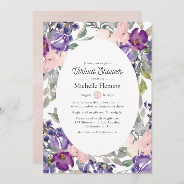 Blush, Violet & Plum Virtual Baby or Bridal Shower Invitation (Front/Back)
