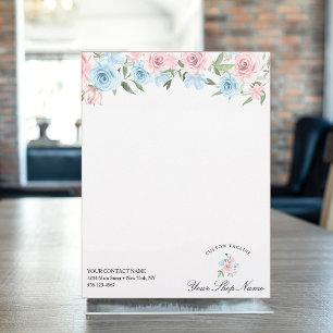 Blush watercolor blue & pink roses, Business name Custom Letterhead
