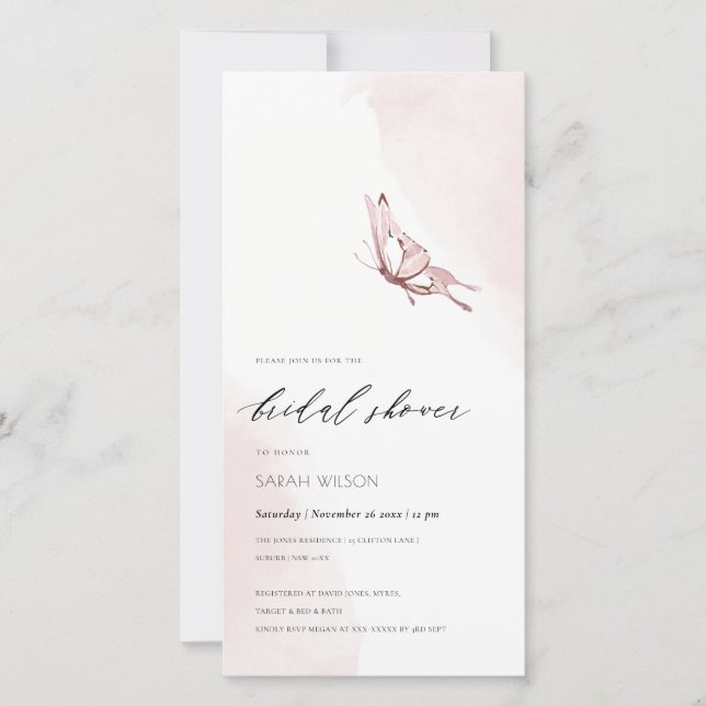 BLUSH WATERCOLOR BUTTERFLY BRIDAL SHOWER INVITE (Front)