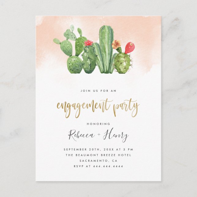 Blush Watercolor & Cactus Engagement Party Invitation Postcard (Front)