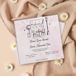 Blush Watercolor Café Illustration Wedding Invite