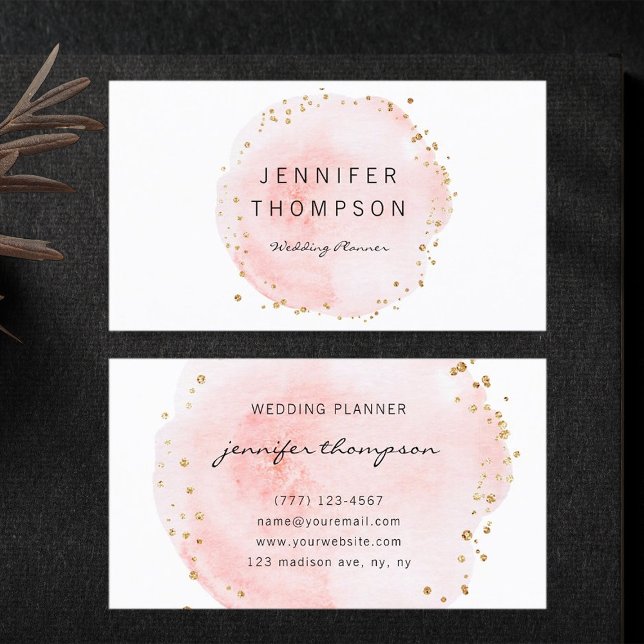 Blush Watercolor Circle Gold Dots Business Card (Front & Back)