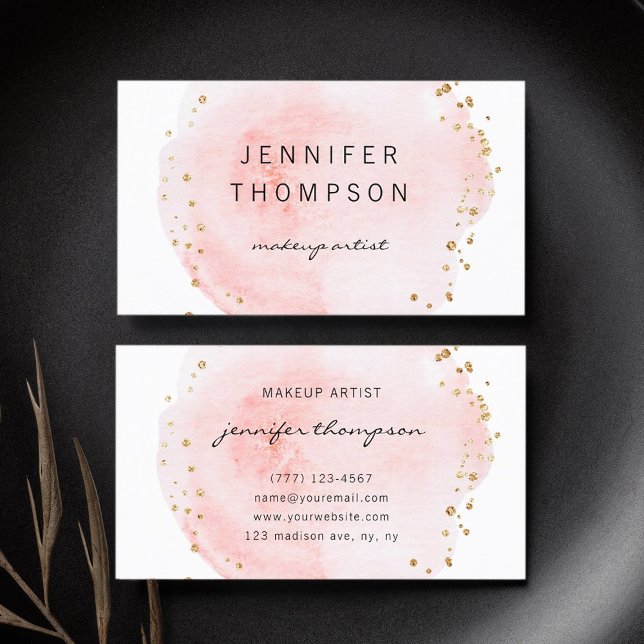 Blush Watercolor Circle Gold Dots Business Card (Front & Back)