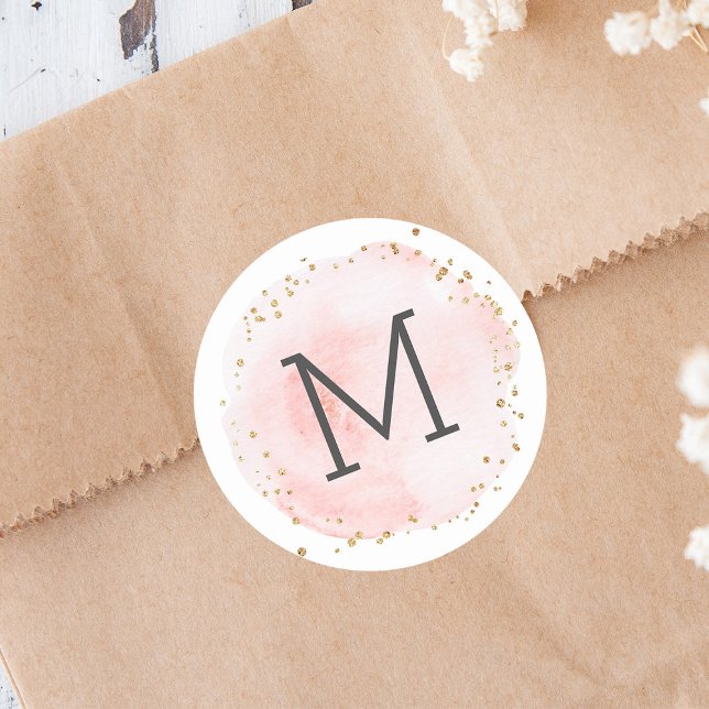 Blush Watercolor Circle Gold Dots Monogram Classic Round Sticker (Creator Uploaded)