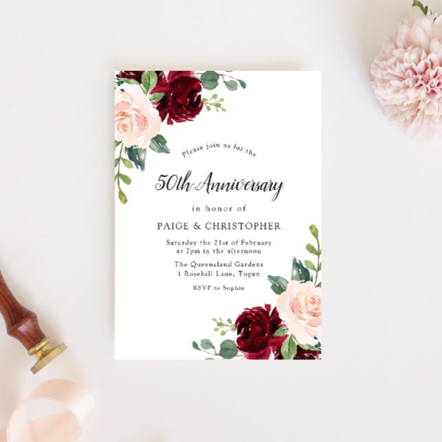 Blush Watercolor Floral 50th Wedding Anniversary Invitation (Creator Uploaded)