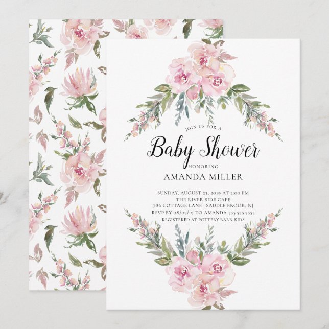 Blush Watercolor Floral Baby Shower Invitation (Front/Back)