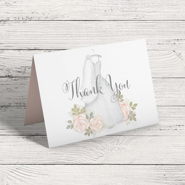 Blush Watercolor Floral Bridal Shower Thank You (Elegant thank you card with stylish calligraphy script and classic wedding gown. )