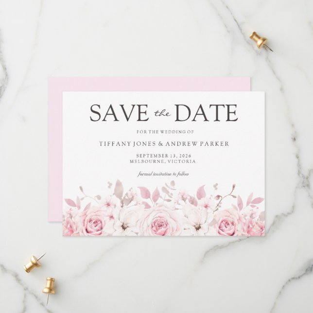 Blush Watercolor Floral Elegant Wedding Save The Date (Front/Back In Situ)