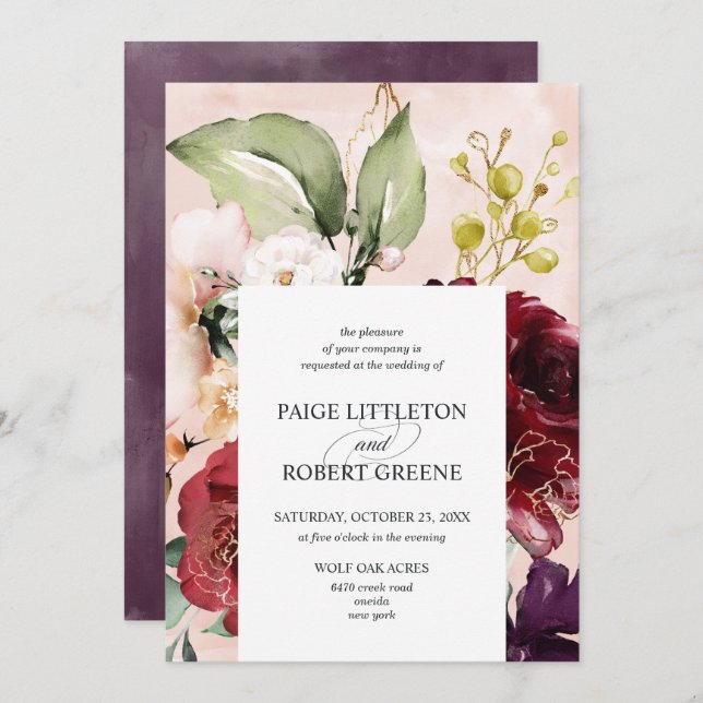 Blush Watercolor Floral Frame Wedding Invitation (Front/Back)