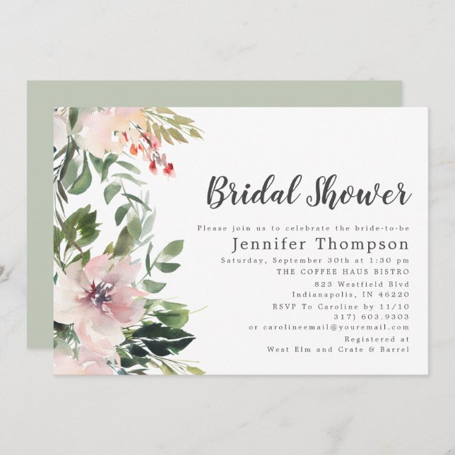 Blush Watercolor Floral & Greenery Bridal Shower Invitation (Front/Back)