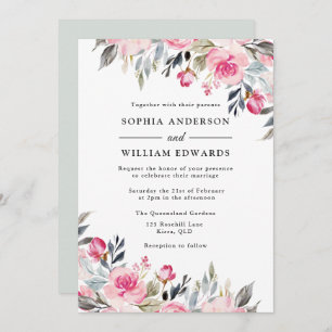Blush Watercolor Floral Greenery Elegant Wedding Invitation