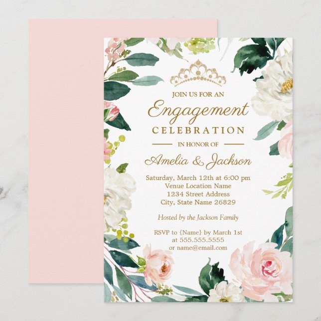 Blush Watercolor Floral Wreath Engagement Party Invitation (Front/Back)