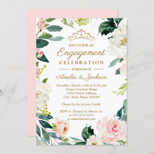 Blush Watercolor Floral Wreath Engagement Party Invitation