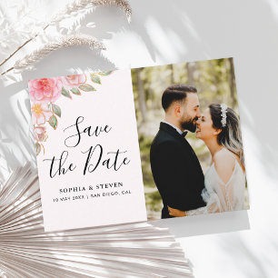 Blush Watercolor Florals with Gold Accents Wedding Postcard