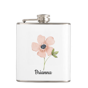 Blush Watercolor Flower Name Hip Flask