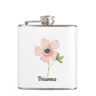 Blush Watercolor Flower Name Hip Flask