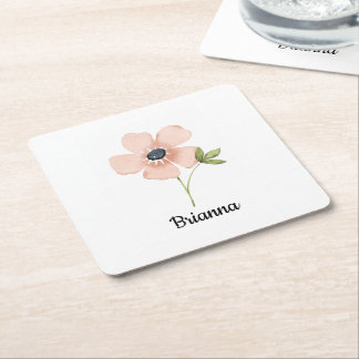 Blush Watercolor Flower Name Square Paper Coaster