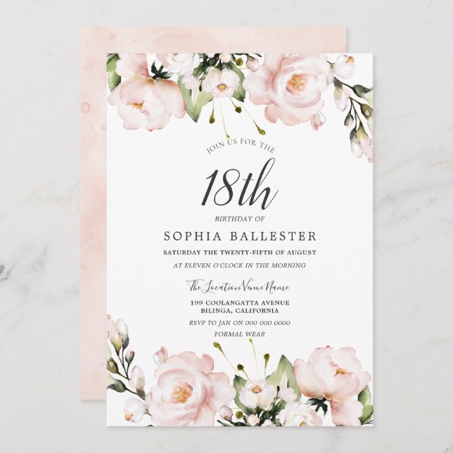 Blush Watercolor Flowers 18th Birthday Party Invitation (Front/Back)