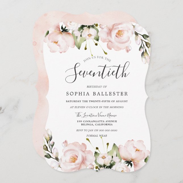 Blush Watercolor Flowers 70th Birthday Party Invitation (Front/Back)