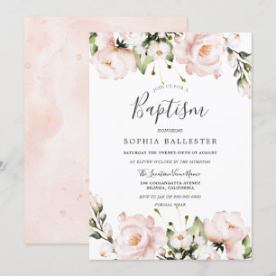 Blush Watercolor Flowers Baby Girl Baptism Invitation