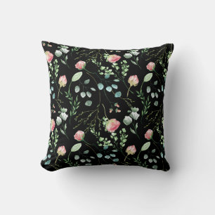 Blush watercolor flowers chic pattern black cushion
