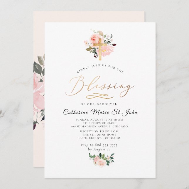 Blush Watercolor Flowers Faux Gold Blessing Invitation (Front/Back)