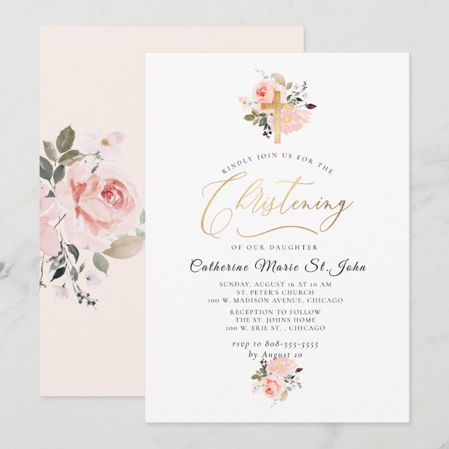 Blush Watercolor Flowers Faux Gold Christening Invitation (Front/Back)