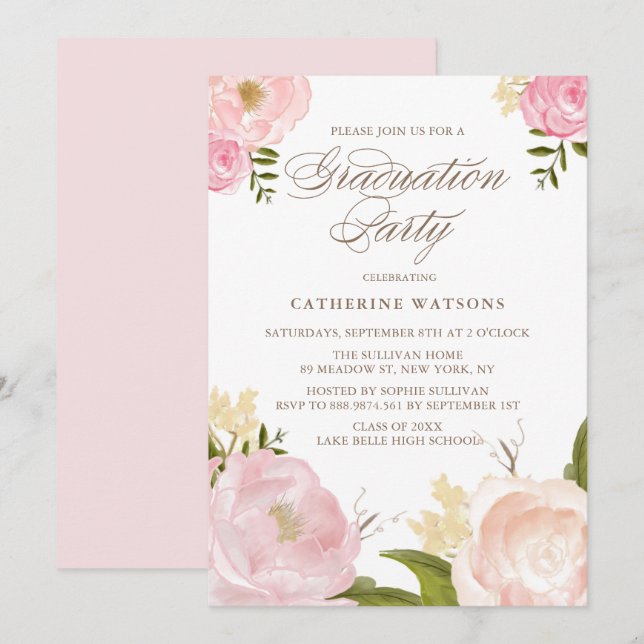 Blush Watercolor Flowers Graduation Invitation (Front/Back)