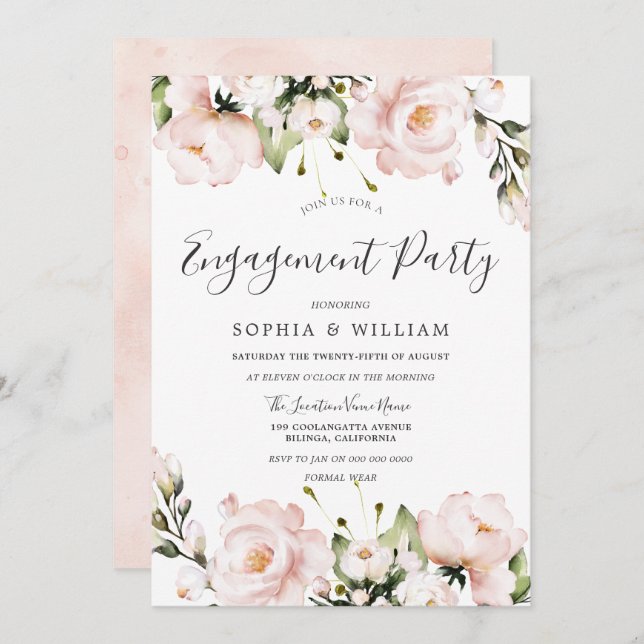 Blush Watercolor Flowers Wedding Engagement Party Invitation (Front/Back)