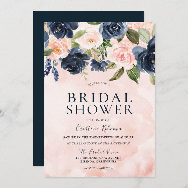 Blush Watercolor Navy Floral Bridal Shower Invitation (Front/Back)