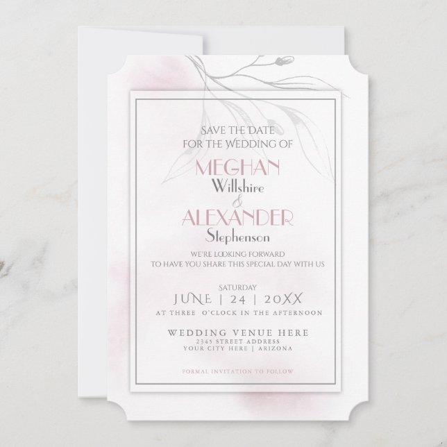 Blush Watercolor Pewter Willow Branch Save The Date (Front)