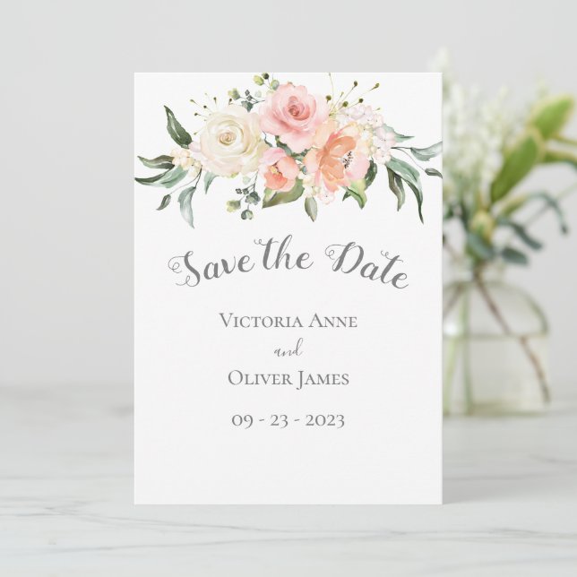 Blush Watercolor Romantic Floral Wedding Save The Date (Standing Front)