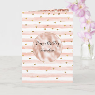 Blush Watercolor Stripes Gold Glitter Hearts Card