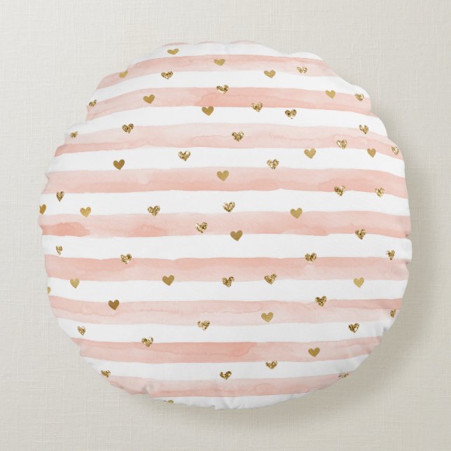 Blush Watercolor Stripes Gold Glitter Hearts   Round Cushion (Front)