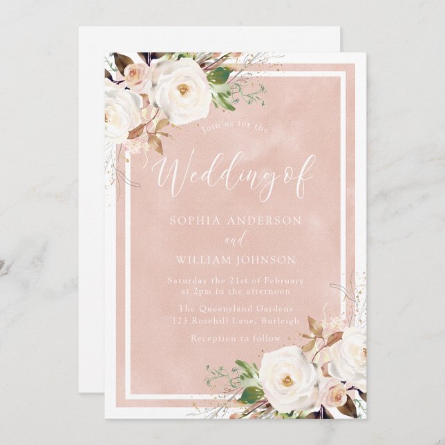 Blush Watercolor White Flowers Beautiful Wedding Invitation (Front/Back)