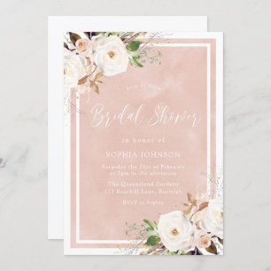 Blush Watercolor White Flowers Bridal Shower Invitation
