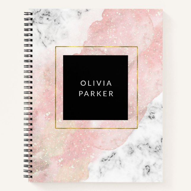 Blush Watercolor | White Marble and Faux Gold Notebook (Front)