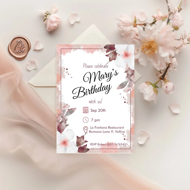 Blush Watercolour Florals Birthday Invitation (Creator Uploaded)