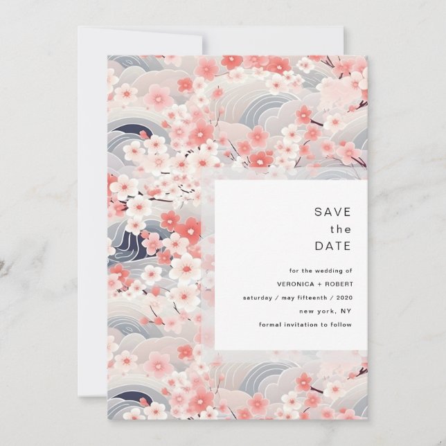 Blush Waves Sakura Blossom Modern Wedding Save The Date (Front)
