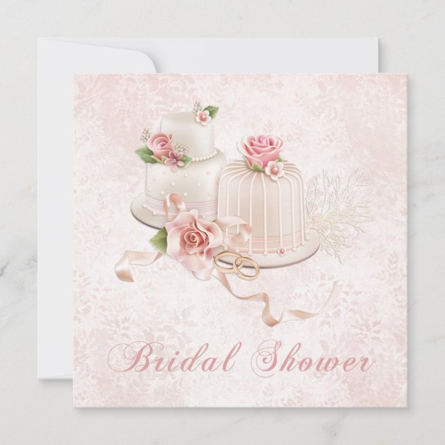 Blush Wedding Cakes with Roses, Bridal Shower Invitation (Front)