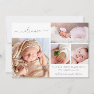 Blush Welcome Baby Girl Photo Collage Birth Announcement