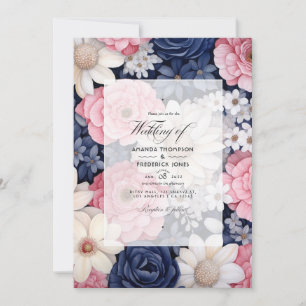 Blush, White and Navy Blue Floral Wedding Invitation