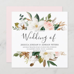 Blush & White Beautiful Flowers Modern Wedding Invitation
