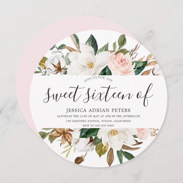 Blush & White Beautiful Flowers Sweet 16 Invitation (Front/Back)