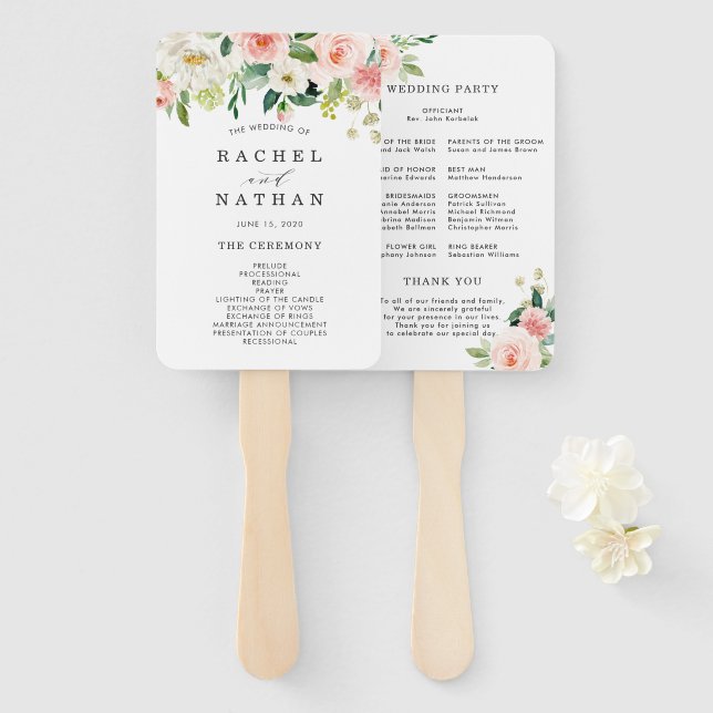 Blush White Bloom Floral Wedding Program Hand Fan (Front and Back)