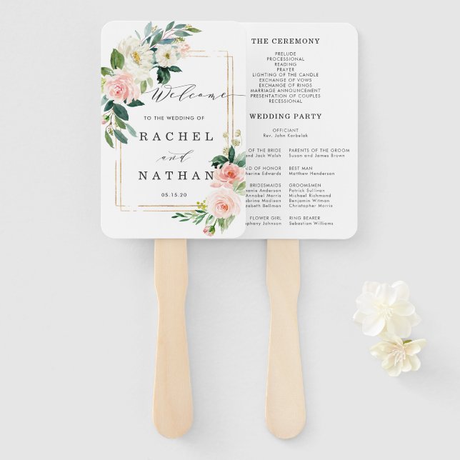Blush White Bloom Floral Wedding Program Hand Fan (Front and Back)