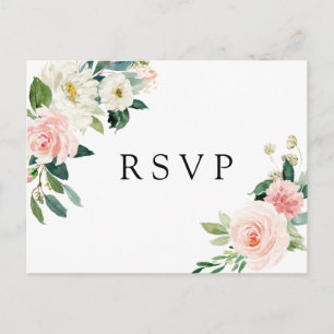 Blush White Bloom Floral Wedding RSVP Invitation Postcard